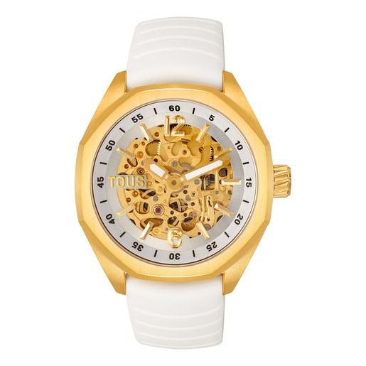 Automatic analog Watch with gold-colored IP steel case and white silicone bracelet TOUS Now