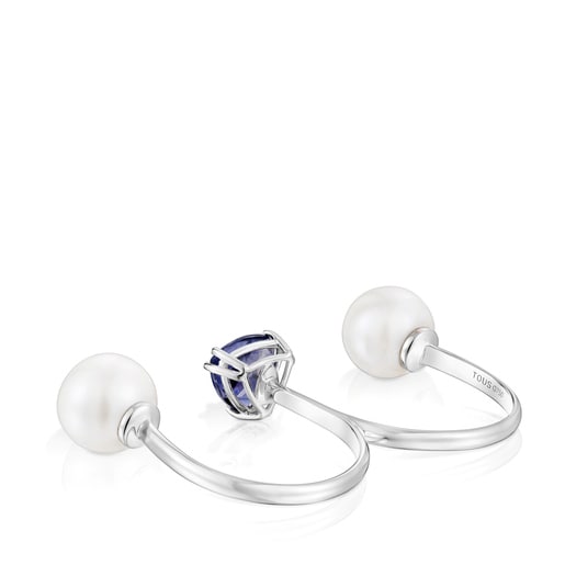 Bague double ouverte or blanc, iolite et perle de culture Ivette