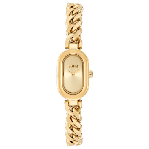 Analoguhr Oval Time mit Edelsteinen und goldfarbenem Kettenarmband aus Stahl
