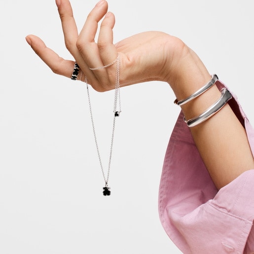 Short silver Necklace with onyx bear motif TOUS Icon Color