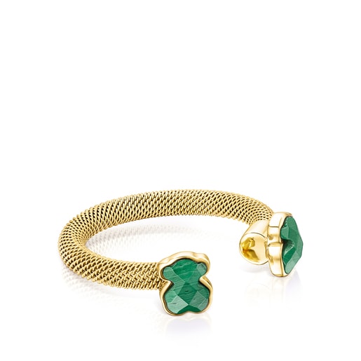 Gold-colored IP Steel Mesh Color open Ring with Malachite | TOUS