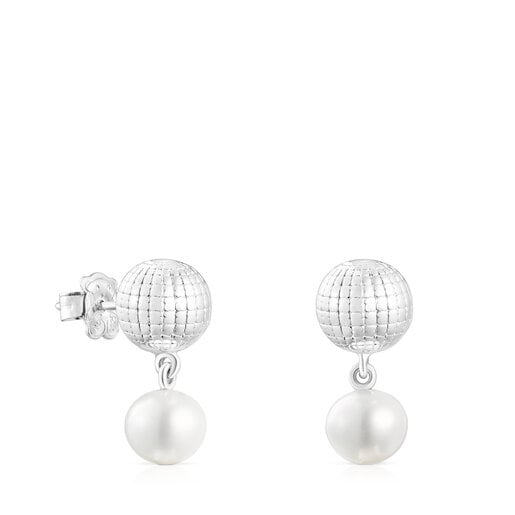 Silver St. Tropez Disco bear ball Earrings with cultured pearl