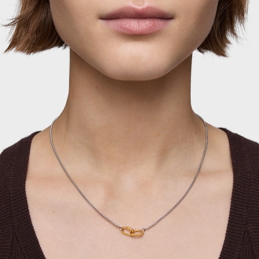 Short steel Necklace with gold ring Hold Oval
