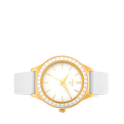 Montre Straight Ceramic en acier et placage ionisé doré avec lunette en céramique et bracelet en silicone blanche