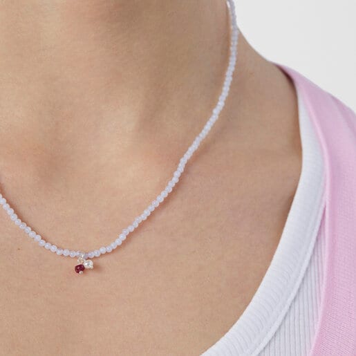 Silver Camille necklace with Chalcedony, Ruby and Pearl | TOUS
