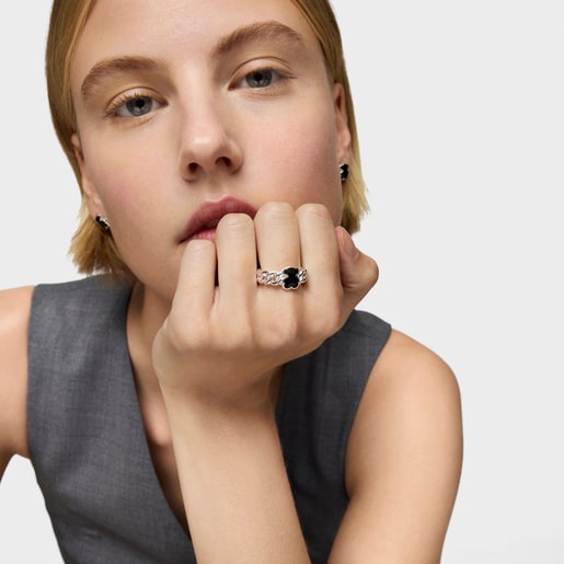 Mittelgroßer Ring TOUS Icon Color aus Silber mit Bärenmotiv aus Onyx