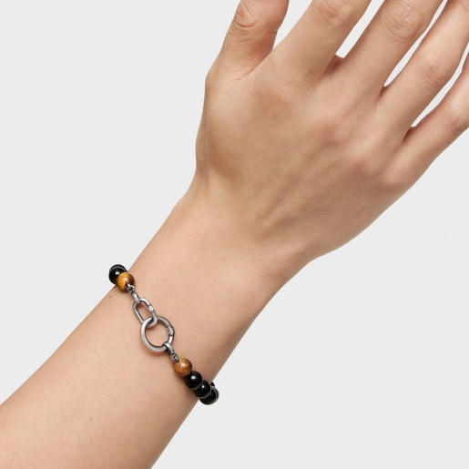 Pulsera de plata envejecida, ónix, ojo de tigre y anillas Hold Man