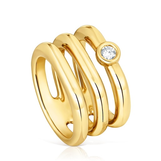 18kt gold plating over silver Triple ring with laboratory-grown diamond Line LGD