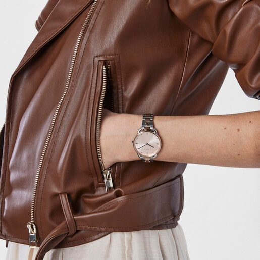 שעון צמיד Let מפלדה בשני צבעים עם לוח מחוגים ורוד