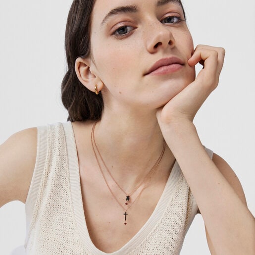 ネックレス Motifクロス　ブラックスピネル / ルビー / ピンクゴールドコーティング / 45cm