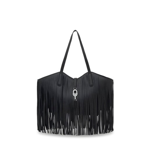 תיק סל TOUS MANIFESTO בינוני מעור בצבע שחור עם פרנזים