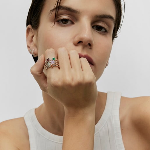 Wide Silver Bold Motif Ring with gemstones and motifs