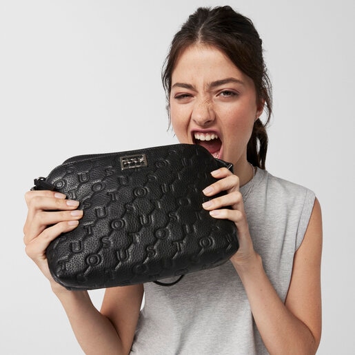 Black Leather T Script Crossbody bag