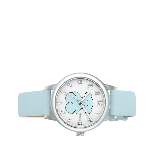 Montre New Muffin en acier avec bracelet en cuir bleu