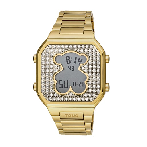 Reloj digital con brazalete de acero IPG dorado y zirconitas D-BEAR
