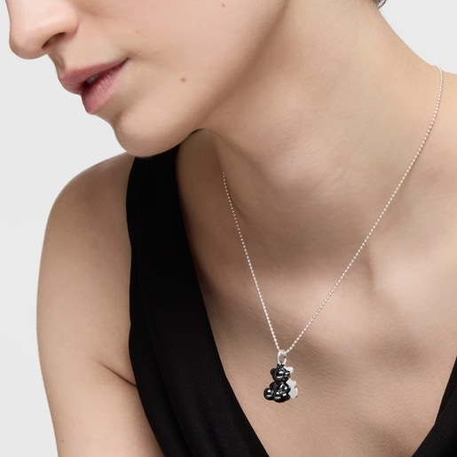 Dije doble oso de plata y cerámica negra Bold Bear