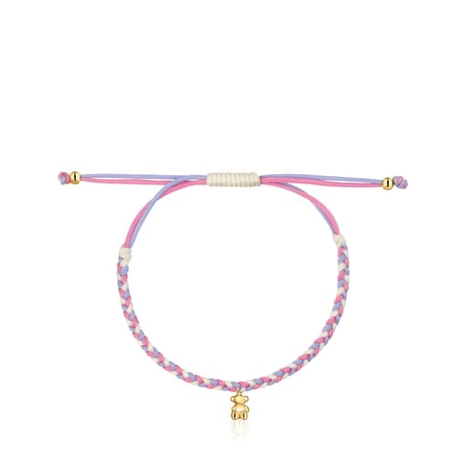 Pulsera oso con baño de oro 18 kt sobre plata y nylon rosa/blanco TOUS Motivos