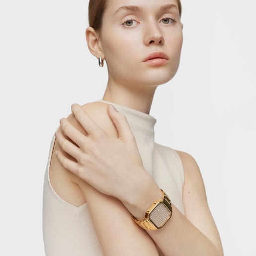 Relógio digital com bracelete em aço IPG dourado e caixa com ledes D-BEAR