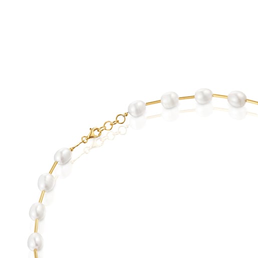 Trubičkový Obojkový náhrdelník Gloss ze stříbra pozlaceného 18karátovým zlatem s uměle vypěstovanými perlami