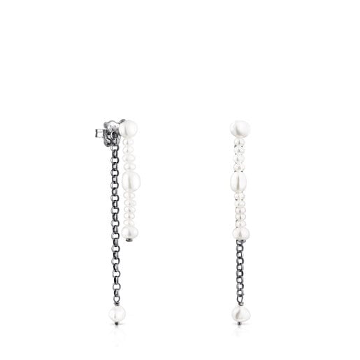 Dark silver Virtual Garden Double earrings with cultured pearls