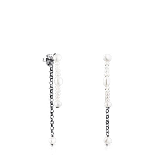 Dark silver Virtual Garden Double earrings with cultured pearls | TOUS