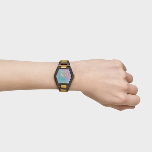 Reloj analógico con brazalete de acero negro, dorado y esfera de nácar gris Karat