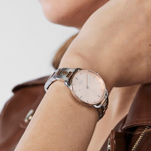 Reloj analógico Let Brazalete bicolor de acero con esfera rosa