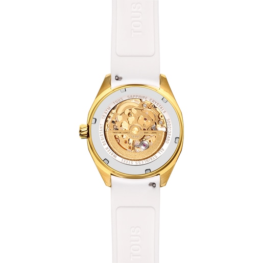 Automatic analog Watch with gold-colored IP steel case and white silicone bracelet TOUS Now