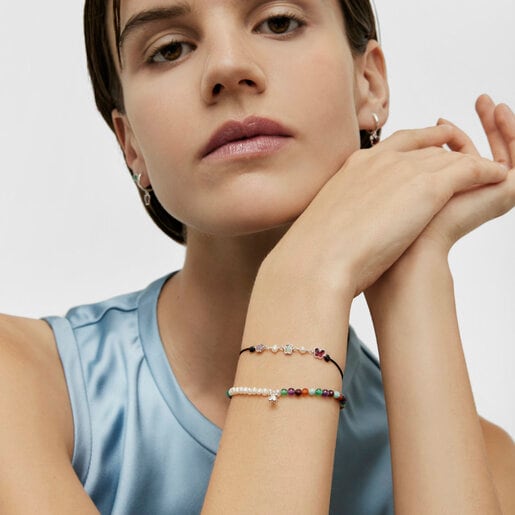 Silver and cord Bold Motif Bracelet with gemstones and cultured pearls