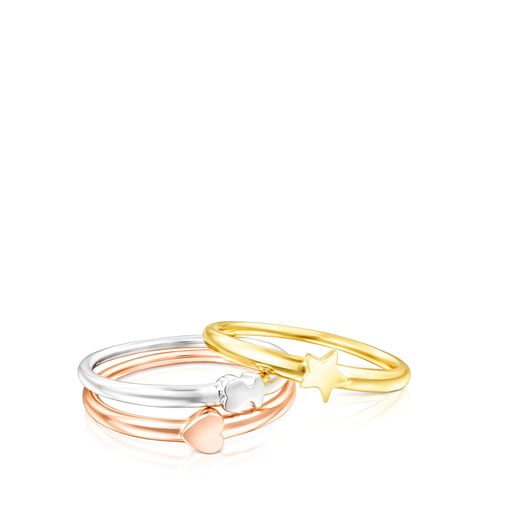 Pack d'Anells TOUS Ring Mix motius de plata, amb bany d'or 18 kt sobre plata daurat i rosa