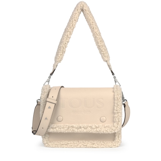 Sac à bandoulière New Audree moyen avec peau de mouton de couleur beige