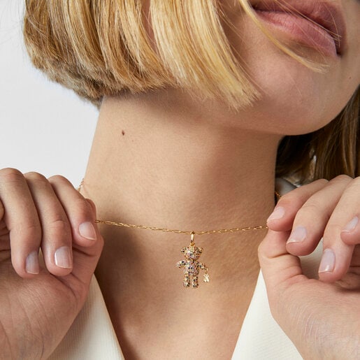 Silver Vermeil Teddy Bear Gems Pendant with Sapphires