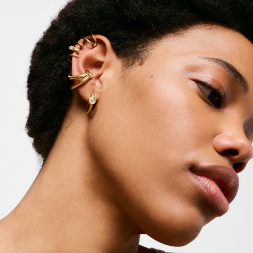 Aretes de aro con baño de oro 18 kt sobre plata y diamantes creados en laboratorio 18 mm Line LGD