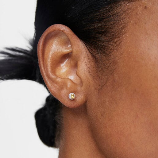 Gold Earrings with cultured pearl and bear charm Bold Bear