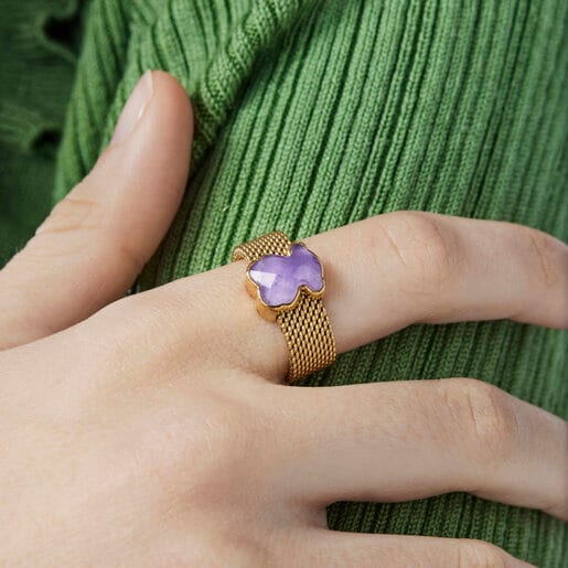 Anillo Mesh Color de Acero IP dorado y Amatista