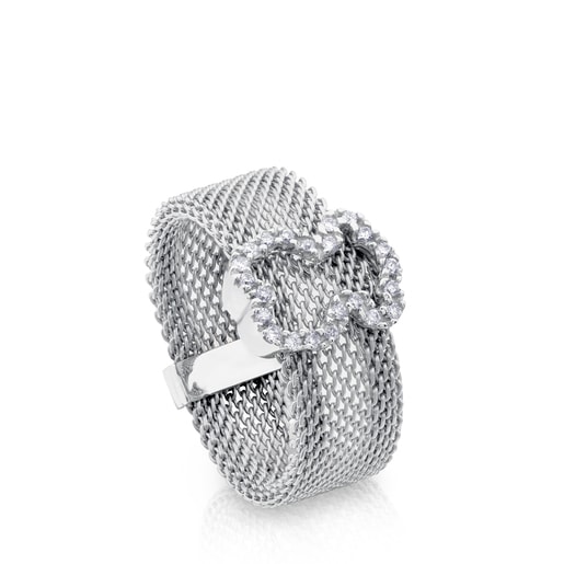 Bague Icon Mesh en acier et or blanc avec diamants