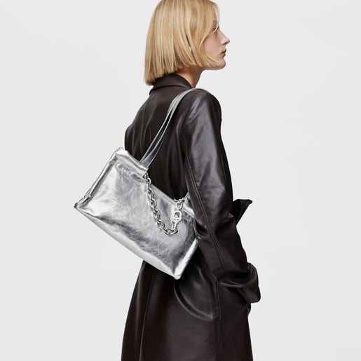 Středně velká kožená Nákupní taška stříbrné barvy TOUS MANIFESTO