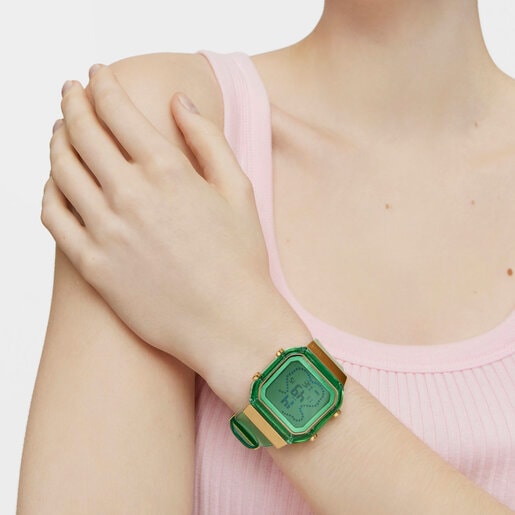 Mint-colored polycarbonate and gold-colored IPG steel digital Watch D-BEAR Fresh