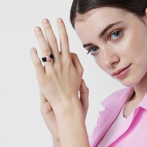 Black IP Steel Mesh Color Ring with Rhodonite Bear motif