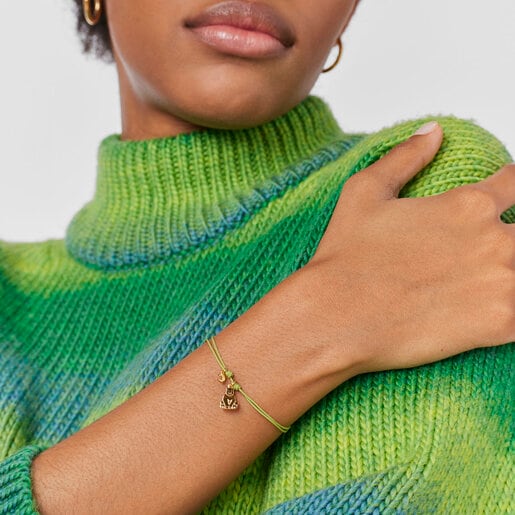 Pulsera Save oso con baño de oro 18 kt sobre plata y Cordón verde