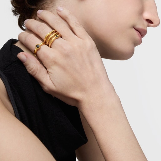 خاتم ثلاثي من الفضة المطلية بالذهب عيار 18 قيراطًا مرصع بالإسبنيل الأسود من تشكيلة TOUS Line