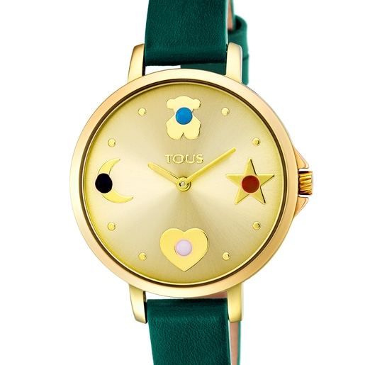 Gold IP steel Super Power Watch with green leather strap
