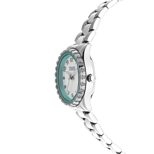 Reloj analógico con brazalete de acero y bisel interior de aluminio menta Mini T-Bear
