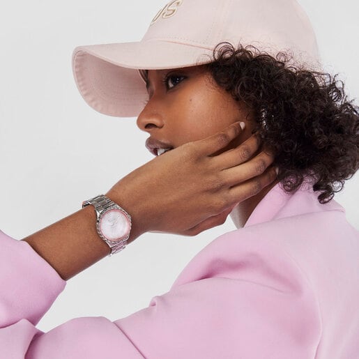 ساعة Mini T-Bear تناظرية بسوار يد من الصُلب وحافة ألومنيوم داخلية باللون الوردي