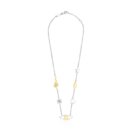 Gold colored IP Steel Fragile Nature charms-bear Necklace