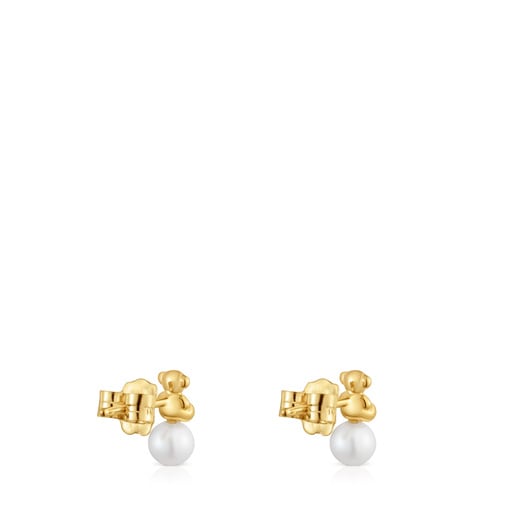 Bold Bear gold Earrings with cultured pearl and bear charm