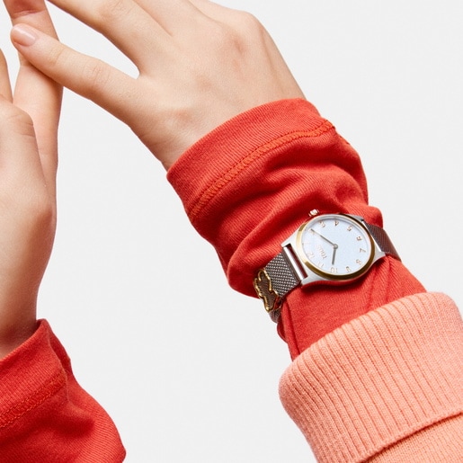 Reloj analógico con brazalete de acero con motivo, acero dorado y esfera de nácar EPIC ICON KDT