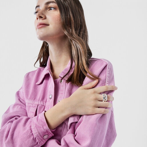 Twisted braided silver ring bear motif