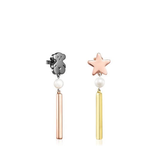 Aros largos Sweet Dolls con baño de oro 18 kt sobre plata, con baño de oro rosa 18 kt sobre plata, plata dark silver y perla