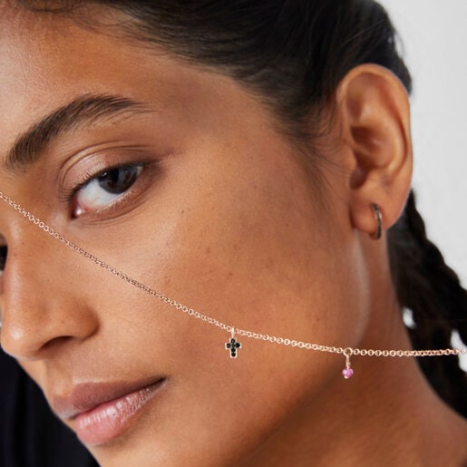 Motif cross Necklace in Rose Silver Vermeil with Spinels and Ruby